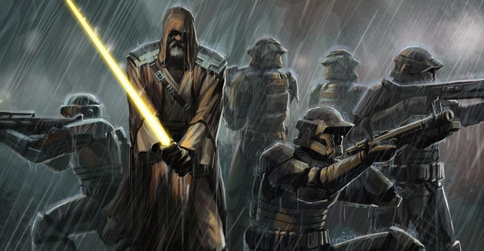 Jedi with yellow lightsaber and soldiers in the rain