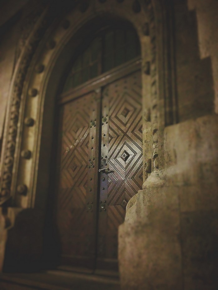 Ornate wooden doors with diamond pattern under an arch