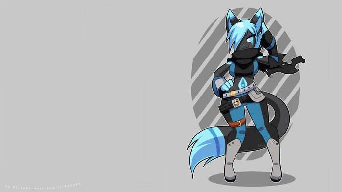 Blue and black furry character with a tail