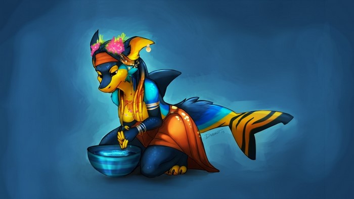 Furry shark character with flowers in hair