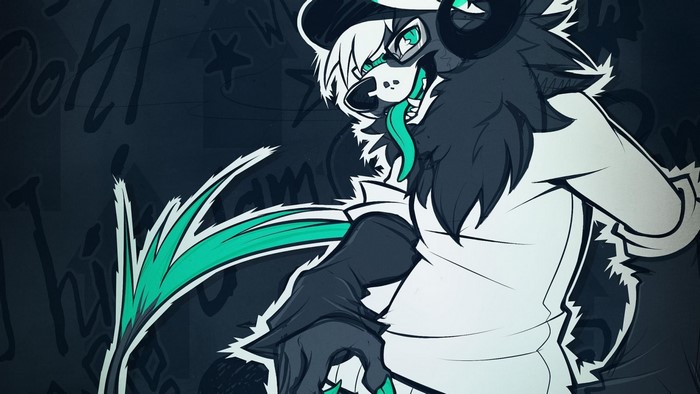 Furry character with horns and tongue sticking out