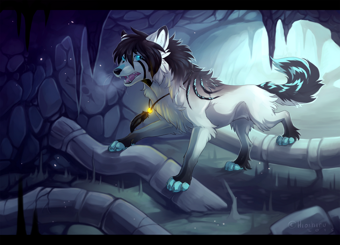 Furry wolf character in a cave with glowing amulet