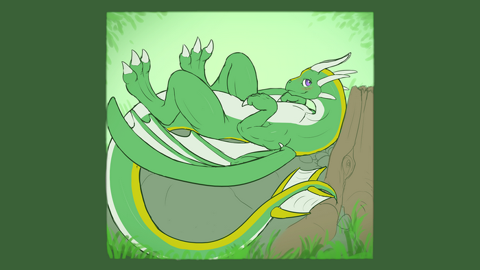 Green dragon lying on its back in a forest