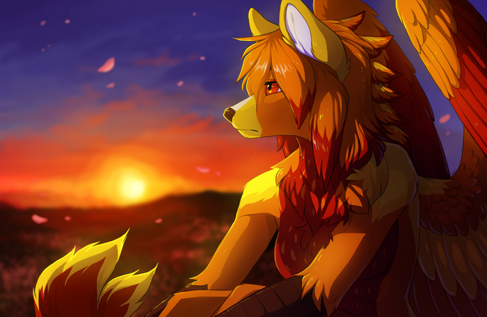 Furry character with wings at sunset