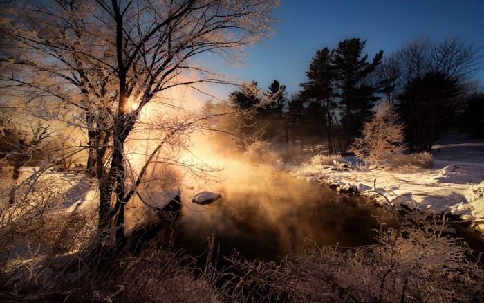 Misty river in a frosty forest at sunrise