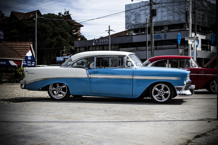 Blue and white 1957 Chevrolet Bel Air custom coupe