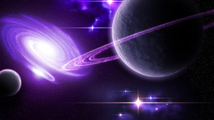 Purple galaxy with planets and rings in space