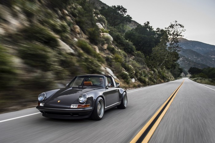 Dark Grey Porsche 911 Targa Driving on Mountain Road