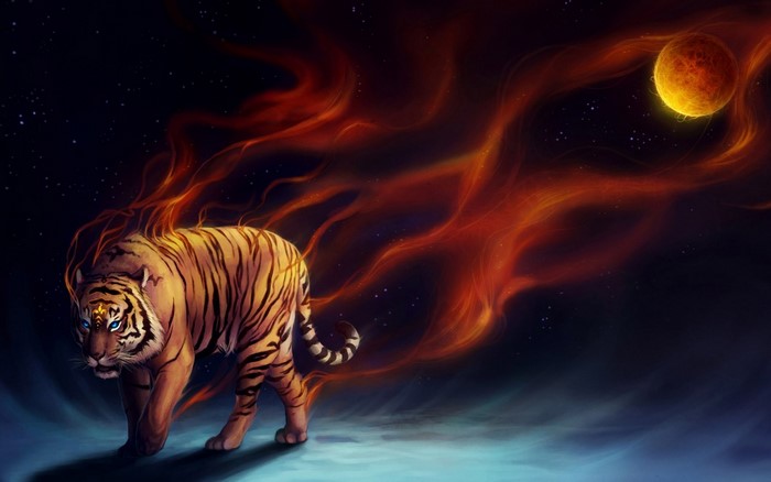 Tiger with fiery mane and planet in starry sky