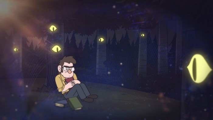 Man in forest with glowing eyes watching