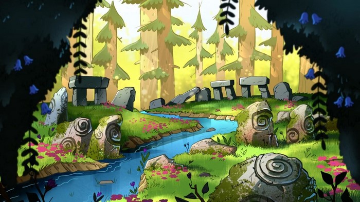 Ancient stone structures in a forest clearing with a stream