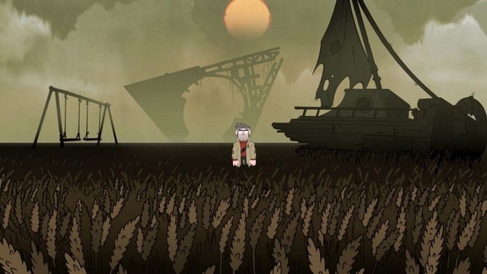 Grunkle Stan in a desolate field with a broken ship and bridge