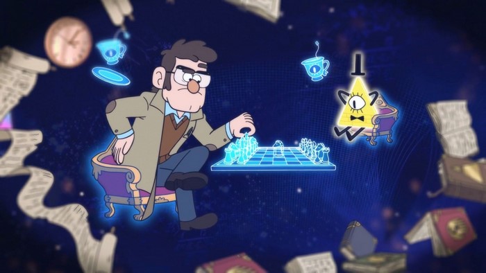 Stanford Pines playing chess with Bill Cipher from Gravity Falls