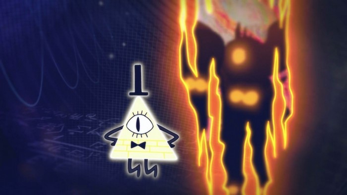 Bill Cipher and a fiery figure from Gravity Falls