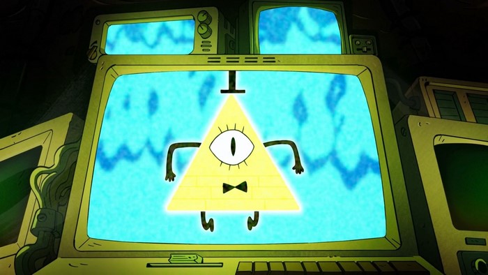Bill Cipher from Gravity Falls on a computer screen