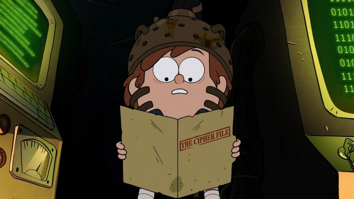 Dipper Pines from Gravity Falls reading The Cipher File