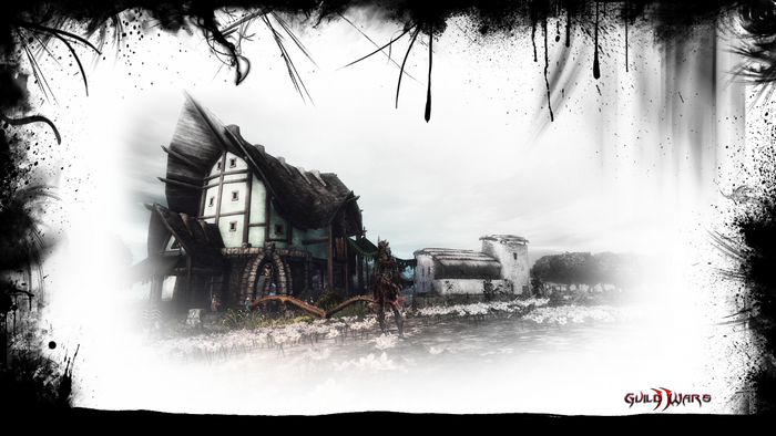 Guild Wars 2 screenshot with a creature and buildings
