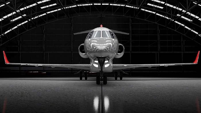 Monochrome jet airplane in a hangar