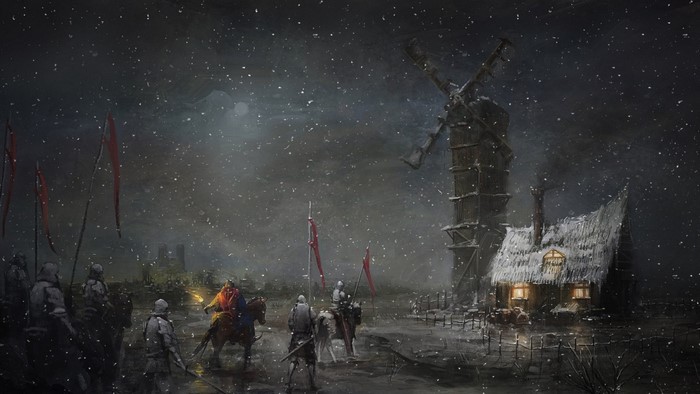 Knights near a windmill and house in the snow at night