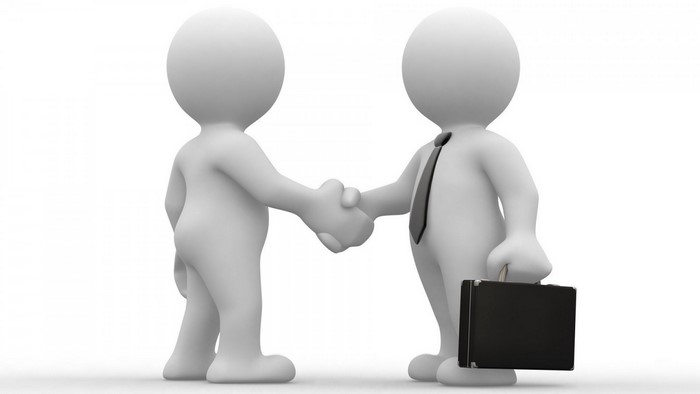 Two 3D figures shaking hands, one holding a briefcase