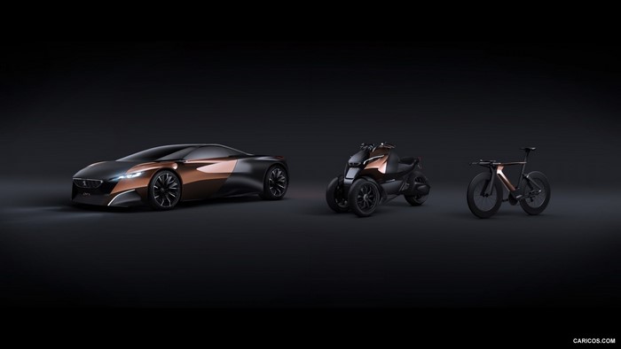 Peugeot concept car, scooter, and bicycle