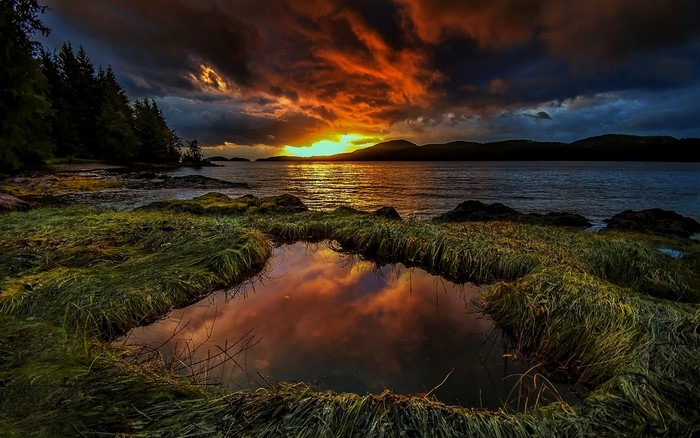 Sunset Over Coastal Landscape with Reflective Pool