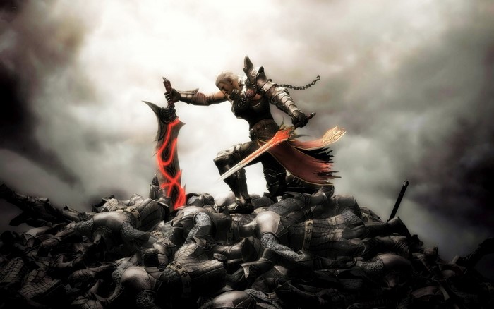 Warrior standing on a pile of fallen soldiers with glowing swords