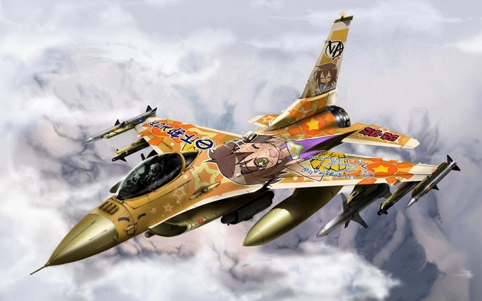 Anime-themed F-16 Fighting Falcon jet with missiles