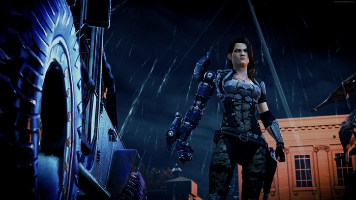 Female soldier with cybernetic arm in Mass Effect