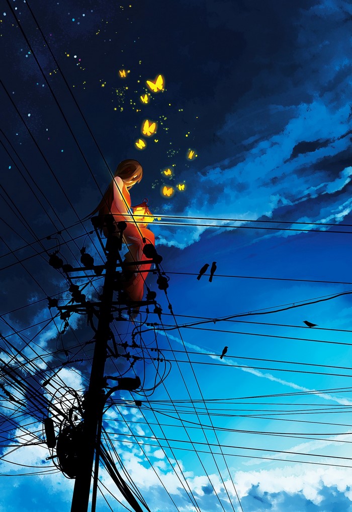 Girl on utility pole with glowing butterflies