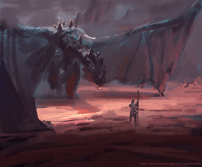 Warrior facing a large dragon in a desolate landscape