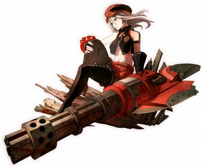 Alisa Ilinichina Amiella from God Eater sitting on a weapon