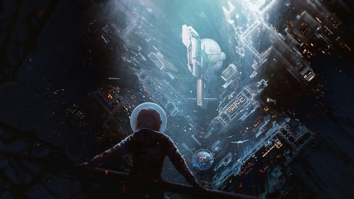 Astronaut looking at a futuristic city in space