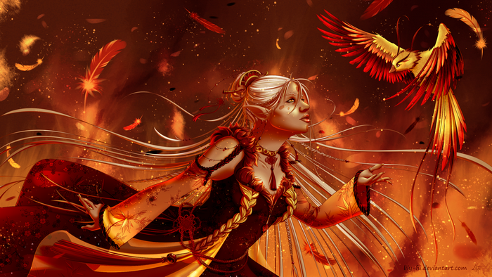 Elf woman with a phoenix and falling feathers