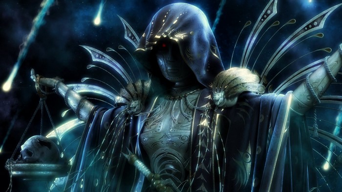 A hooded figure holding scales and a skull