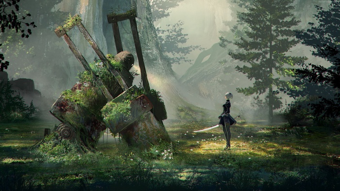 2B from Nier: Automata in a forest