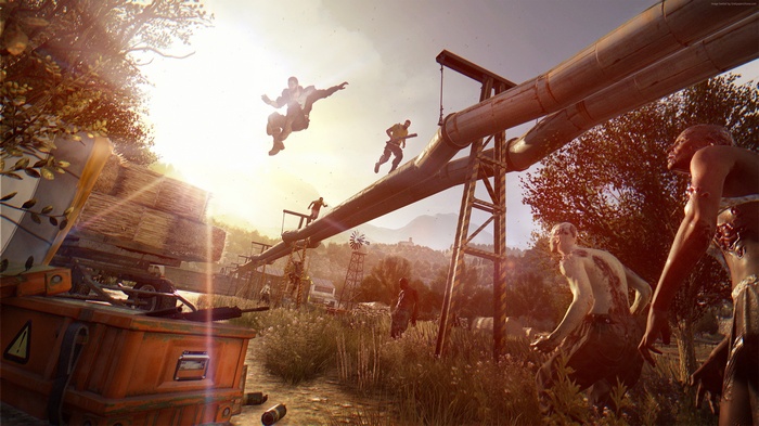 Dying Light: The Following survivors jump over zombies