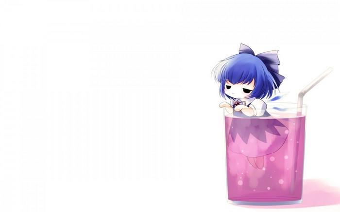 Cirno from Touhou in a glass of pink drink