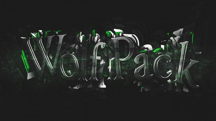 WolfPack text with green and black abstract elements