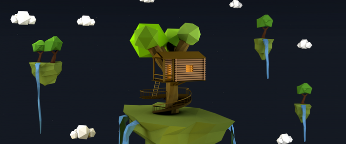 Low poly treehouse on a floating island with waterfalls