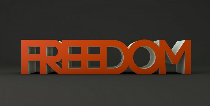 3D orange text spelling FREEDOM on a dark background