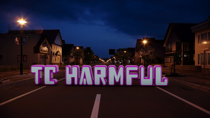 3D text "TC HARMFUL" on a street at night