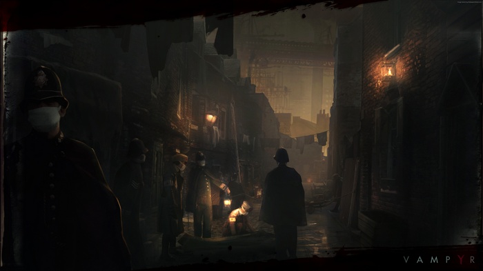 Vampyr game art with police officers in a dark alley