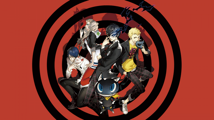 Persona 5 characters and Morgana on red target background