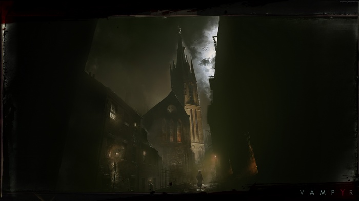 Vampyr game art with church and street