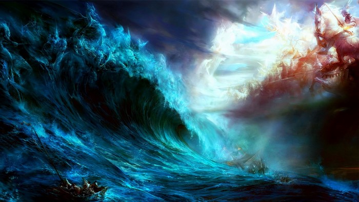Epic wave crashing over ships with celestial beings above