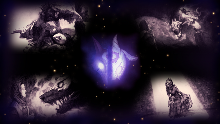 Kindred from League of Legends in a dark, starry setting