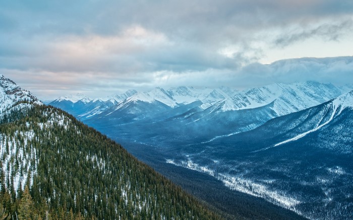 Snow-covered mountains and forest valley under cloudy sky