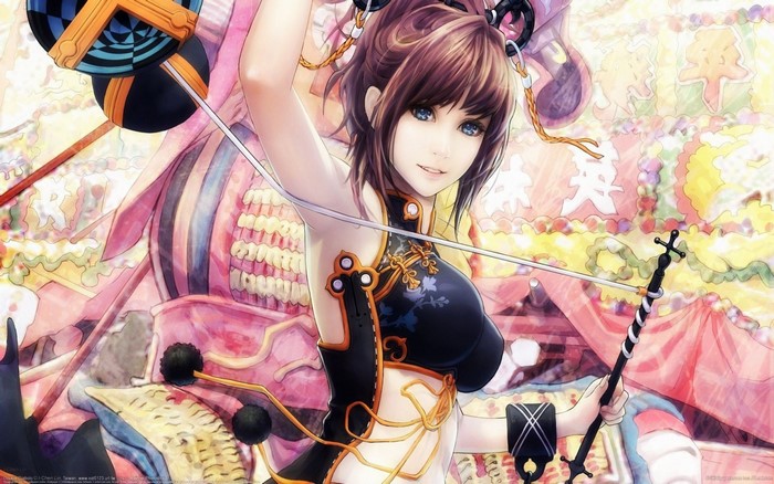 Anime girl in traditional Chinese dress holding weapons