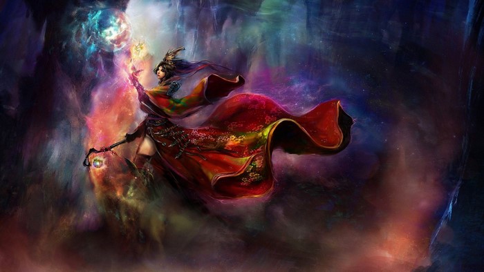 Fantasy wizard casting spell in nebula